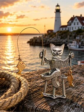Vintage JJ Pewter Cat Fishing Brooch Pin with Dangling Gold Fish Charms